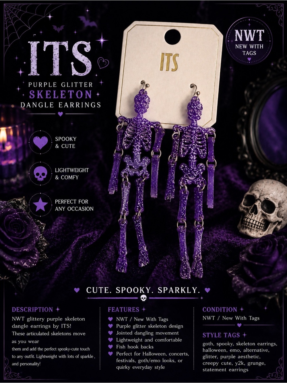 NWT ITS Purple Glitter Skeleton Dangle Earrings Goth Halloween Spooky Cute